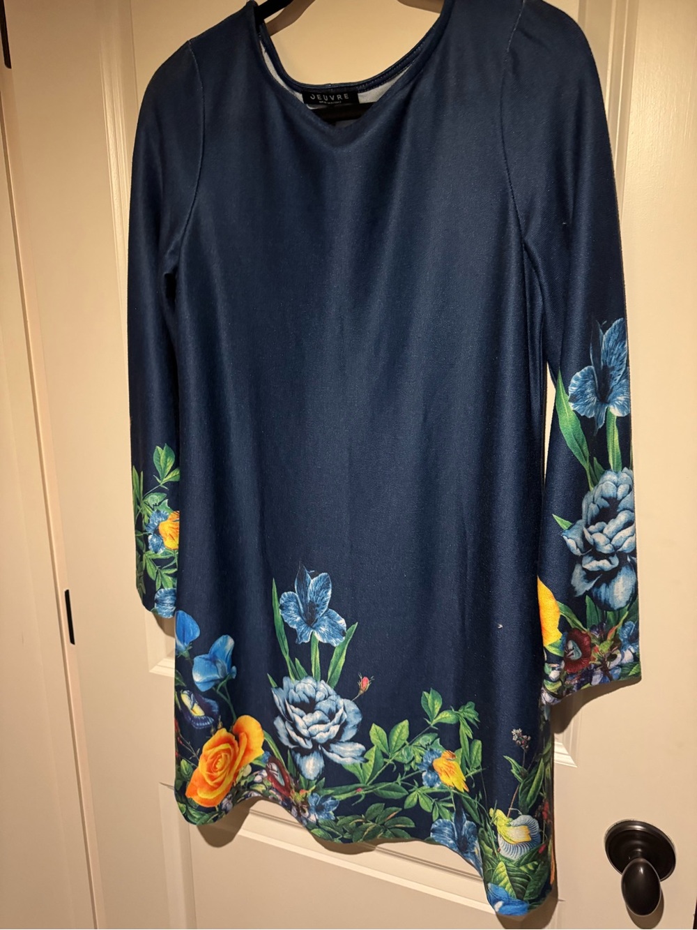 Navy Floral Graphic Border Long-Sleeve A-Line Dress